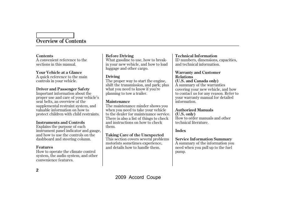 Overview of contents | HONDA 2009 Accord Coupe User Manual | Page 5 / 412