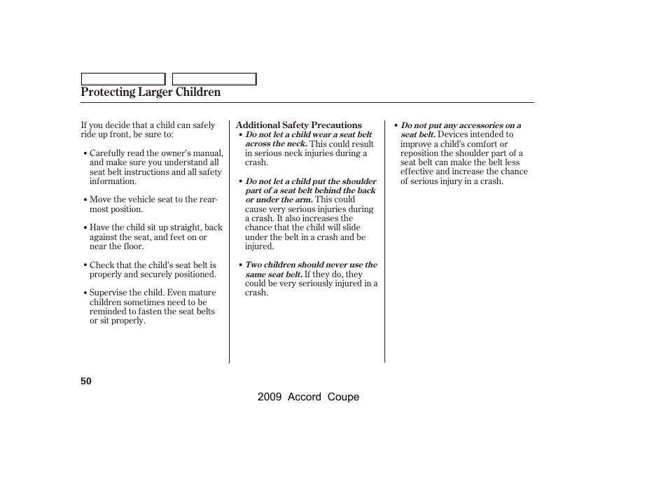 Protecting larger children | HONDA 2009 Accord Coupe User Manual | Page 53 / 412