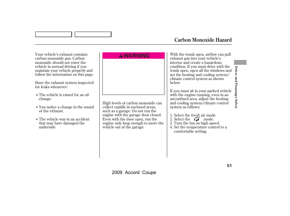 Carbon monoxide hazard | HONDA 2009 Accord Coupe User Manual | Page 54 / 412