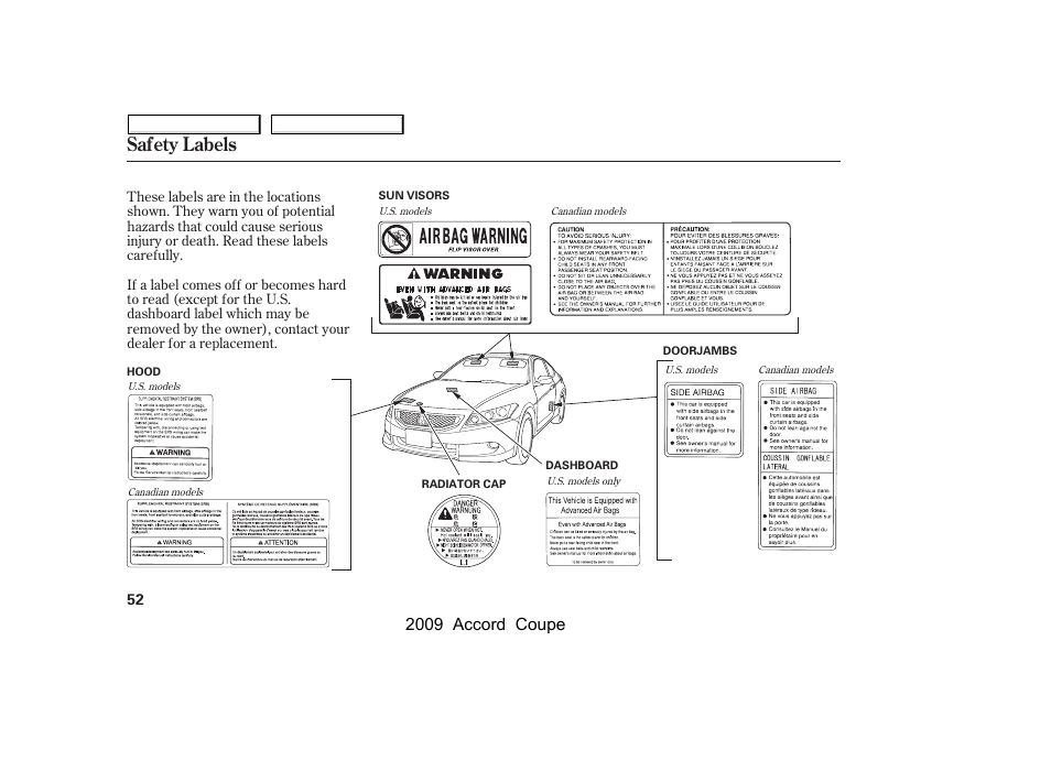 Safety labels, 2009 accord coupe | HONDA 2009 Accord Coupe User Manual | Page 55 / 412