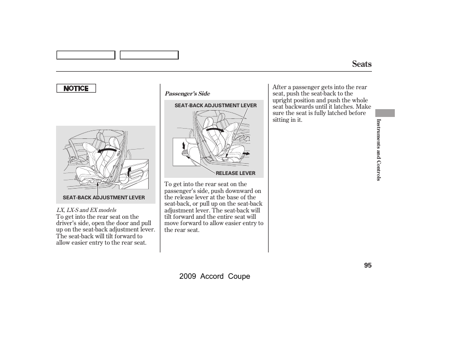 Seats, 2009 accord coupe | HONDA 2009 Accord Coupe User Manual | Page 98 / 412