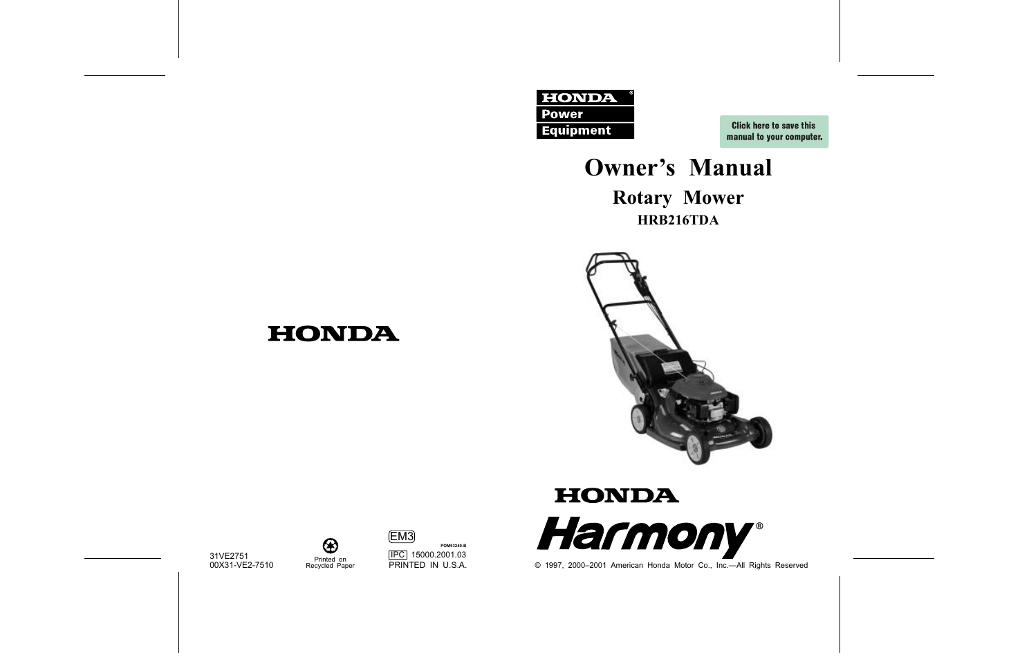 HONDA HRB216TDA User Manual | 74 pages