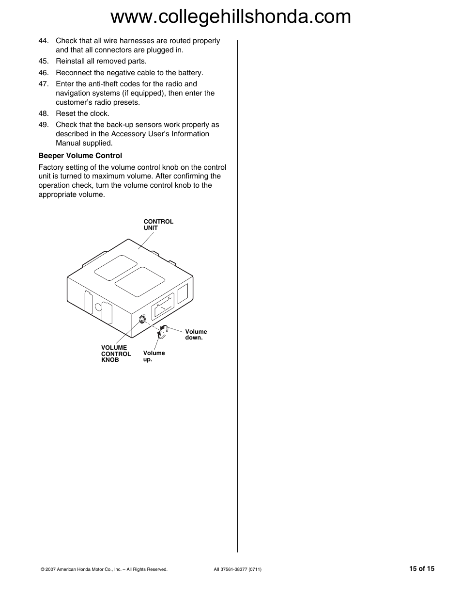 Beeper volume control | HONDA 08V67-TE0-100A User Manual | Page 15 / 15