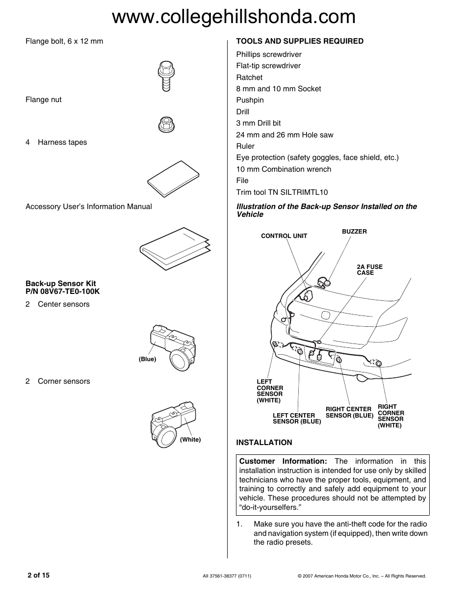 Back-up sensor kit, Tools and supplies required, Installation | Table | HONDA 08V67-TE0-100A User Manual | Page 2 / 15