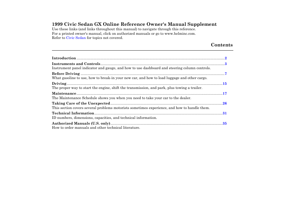 HONDA 1999 Civic Sedan GX User Manual | 1 page