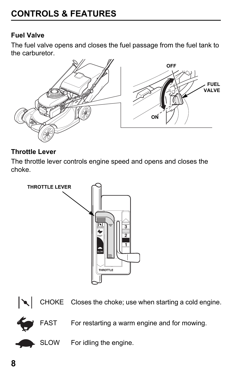Fuel valve, Throttle lever, Controls & features 8 | HONDA HRX217TDA User Manual | Page 10 / 80