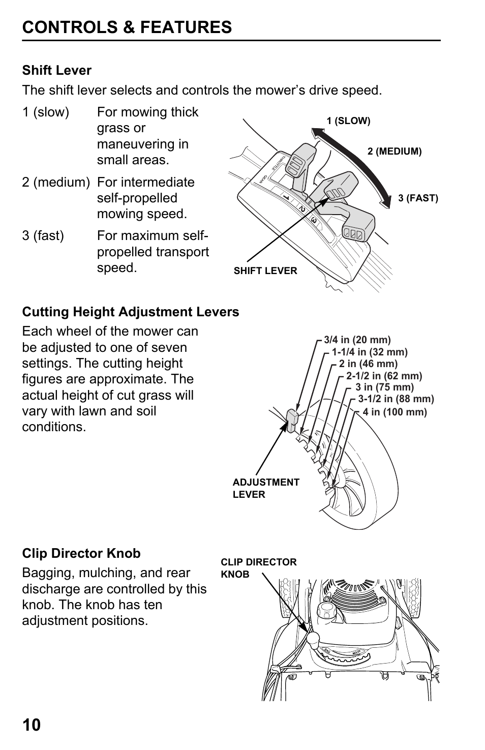 Shift lever, Cutting height adjustment levers, Clip director knob | Controls & features 10 | HONDA HRX217TDA User Manual | Page 12 / 80