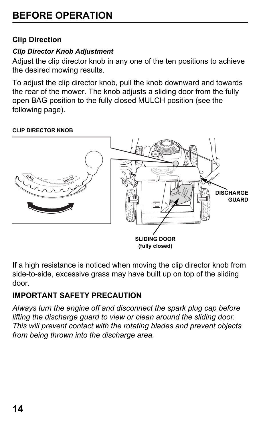 Clip director, Important safety precaution, Before operation 14 | HONDA HRX217TDA User Manual | Page 16 / 80