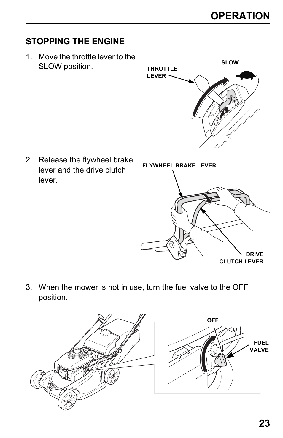 Stopping the engine, Operation 23 | HONDA HRX217TDA User Manual | Page 25 / 80