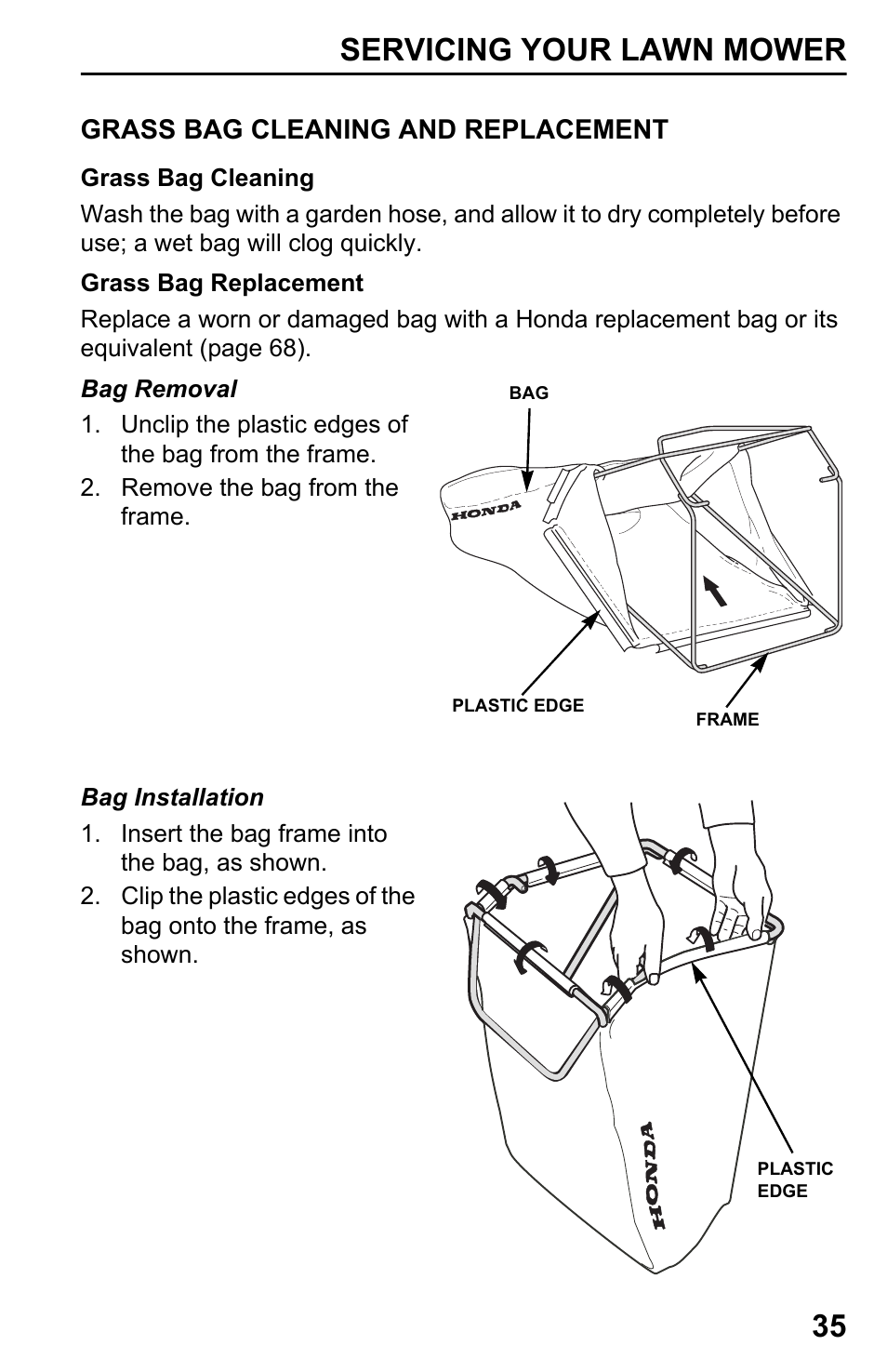 Grass bag cleaning and replacement, Servicing your lawn mower 35 | HONDA HRX217TDA User Manual | Page 37 / 80