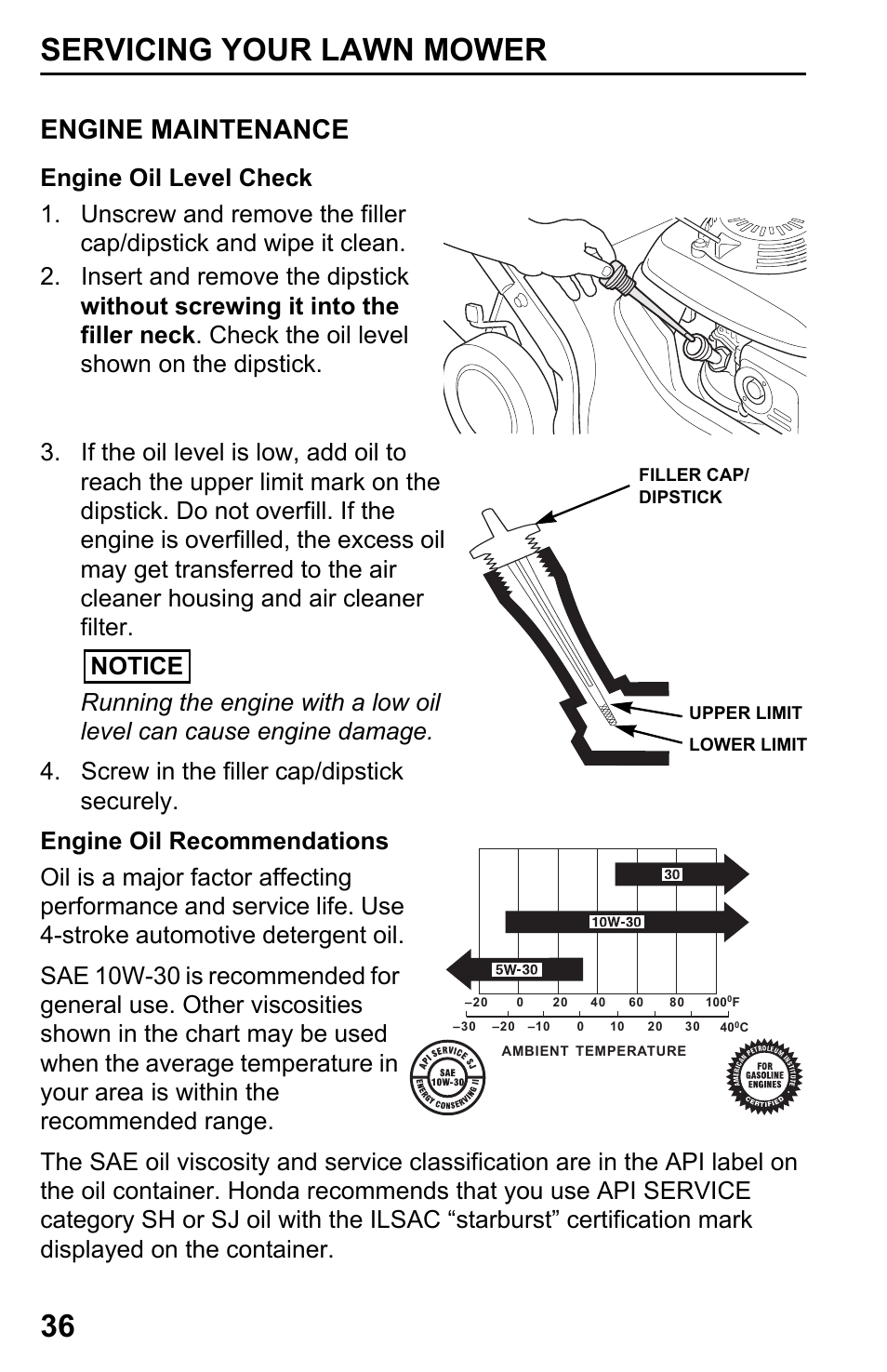 Engine maintenance, Engine oil level check, Engine oil recommendations | Servicing your lawn mower 36 | HONDA HRX217TDA User Manual | Page 38 / 80