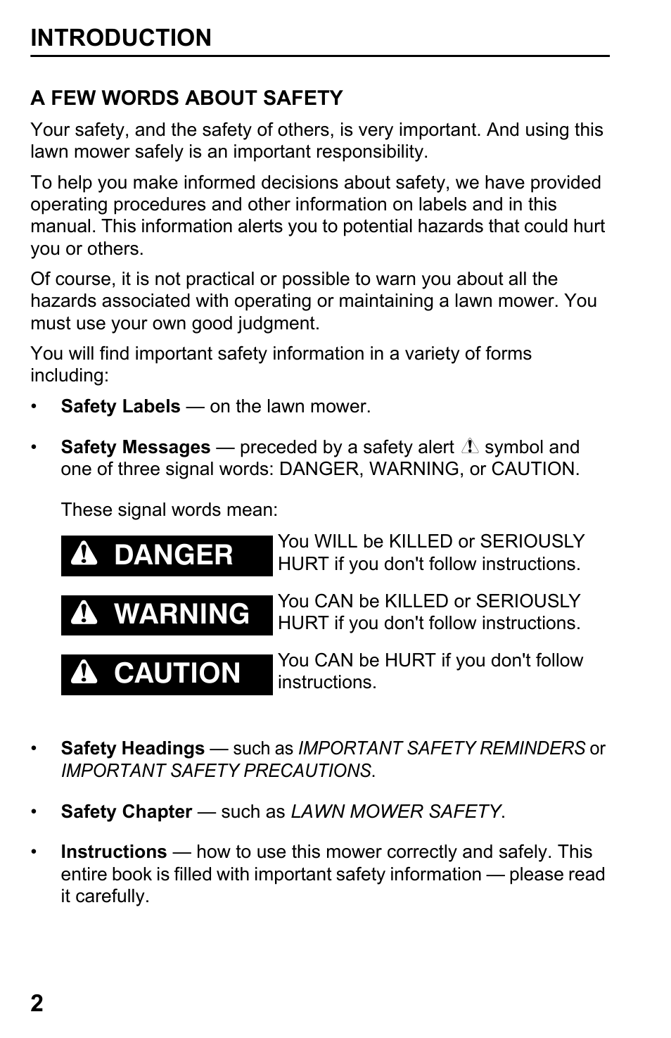 A few words about safety, Danger, Warning | Caution, Introduction 2 | HONDA HRX217TDA User Manual | Page 4 / 80