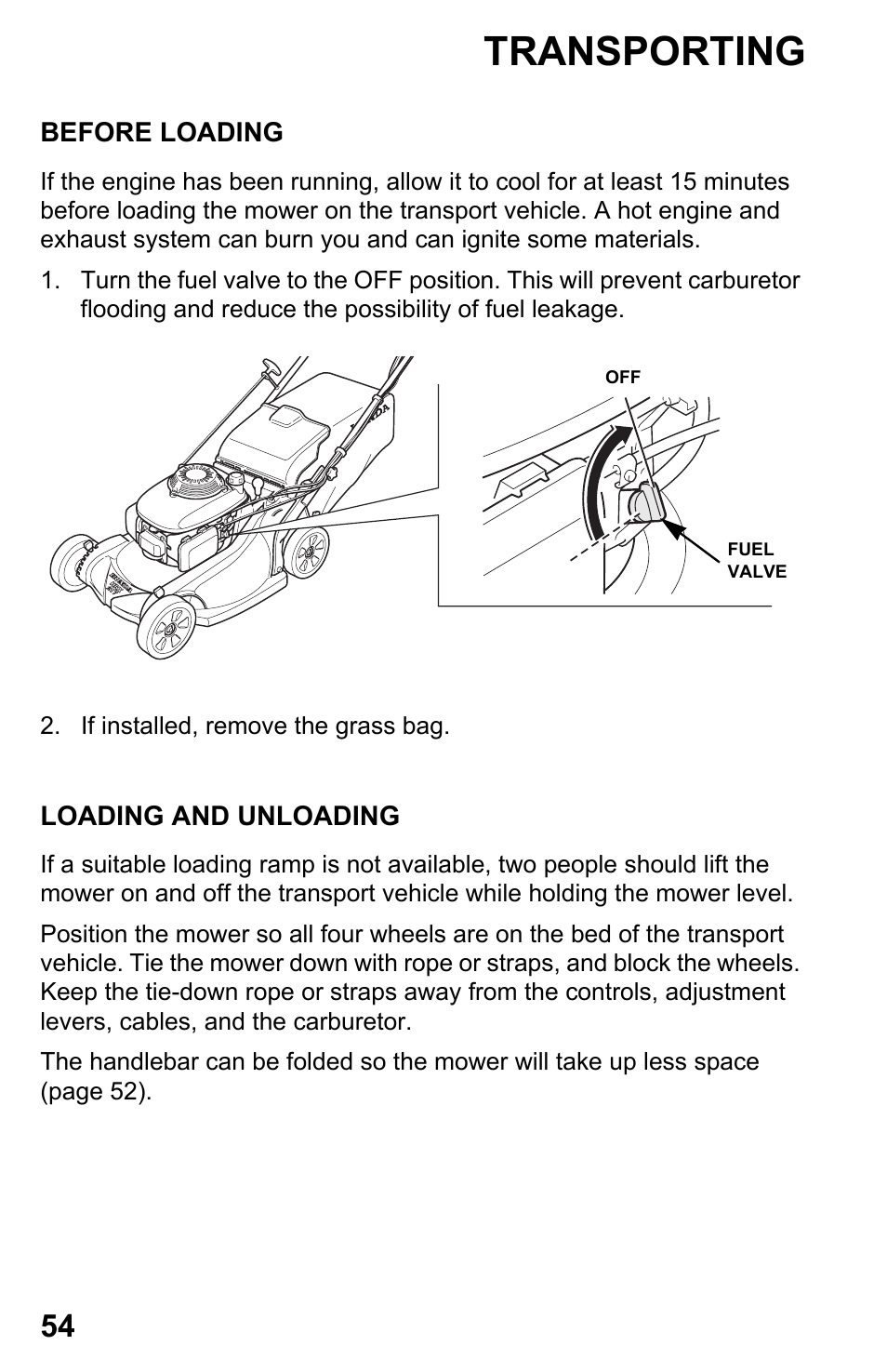 Transporting, Before loading, Loading and unloading | HONDA HRX217TDA User Manual | Page 56 / 80