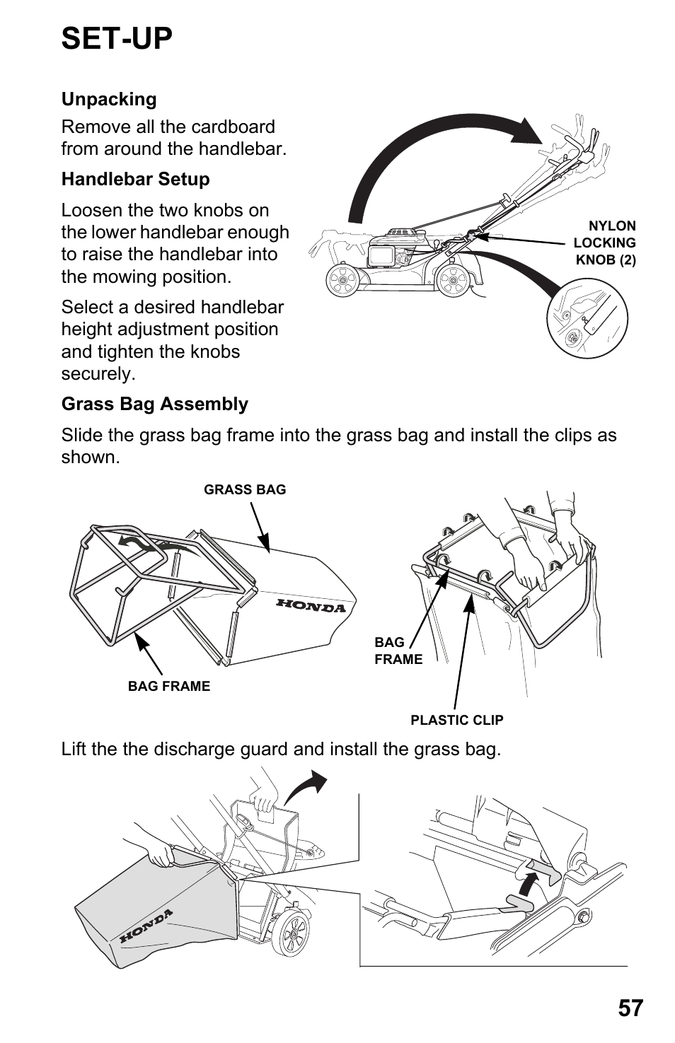 Set-up, Unpacking, Handlebar setup | Grass bag assembly | HONDA HRX217TDA User Manual | Page 59 / 80