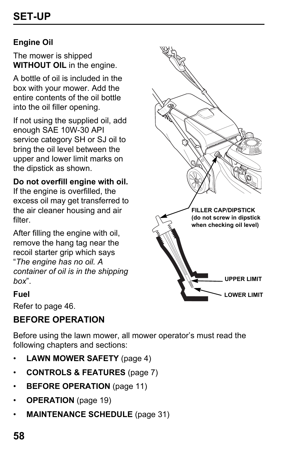 Engine oil, Fuel, Before operation | Set-up 58 | HONDA HRX217TDA User Manual | Page 60 / 80