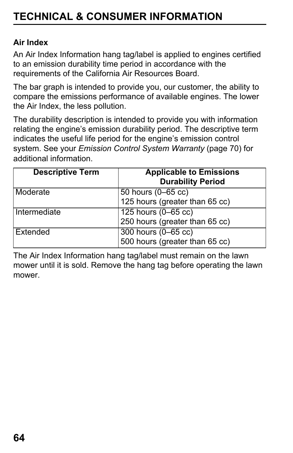 Air index, Technical & consumer information 64 | HONDA HRX217TDA User Manual | Page 66 / 80