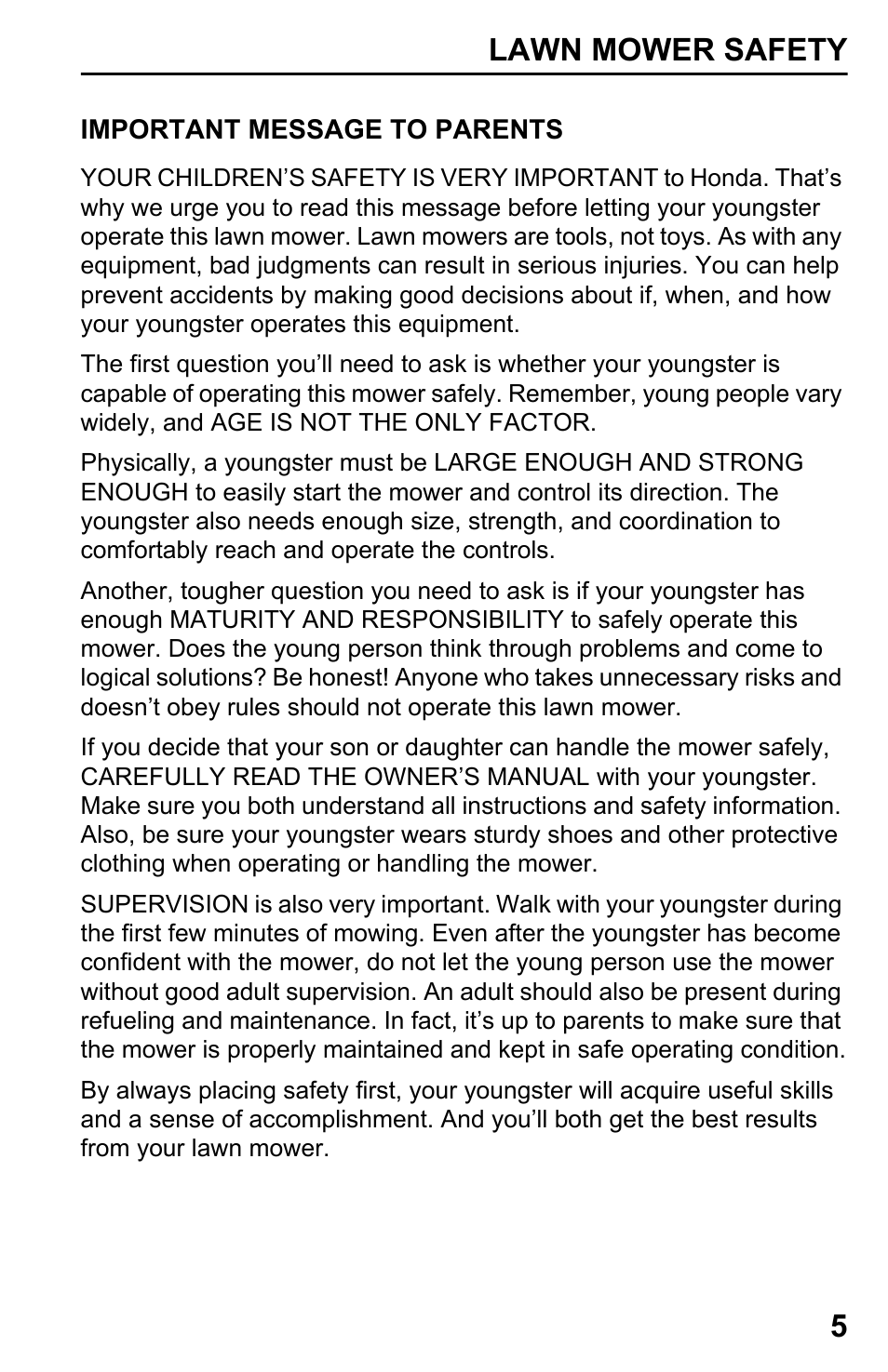 Important message to parents | HONDA HRX217TDA User Manual | Page 7 / 80