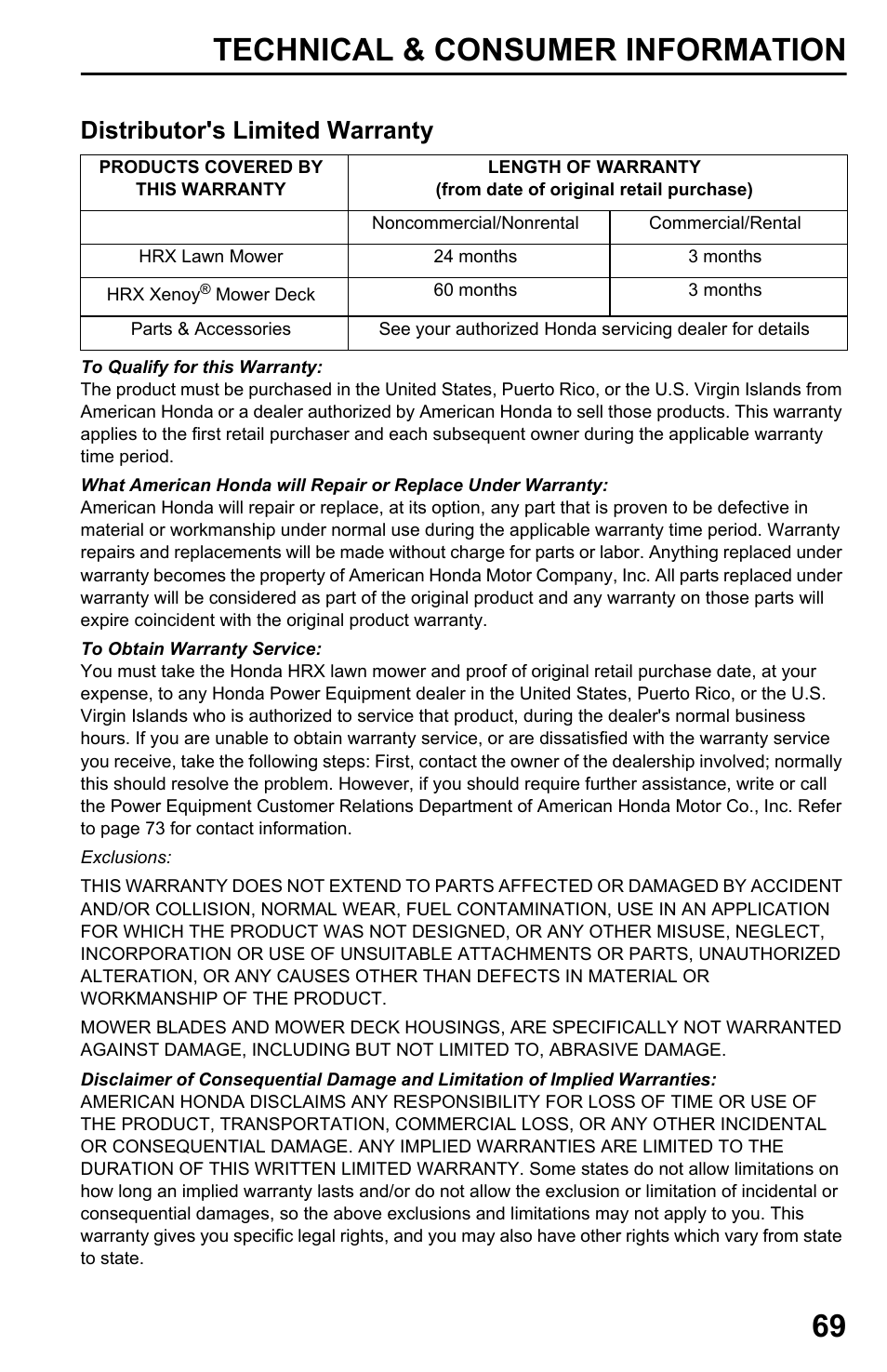 Distributor's limited warranty, Technical & consumer information 69 | HONDA HRX217TDA User Manual | Page 71 / 80