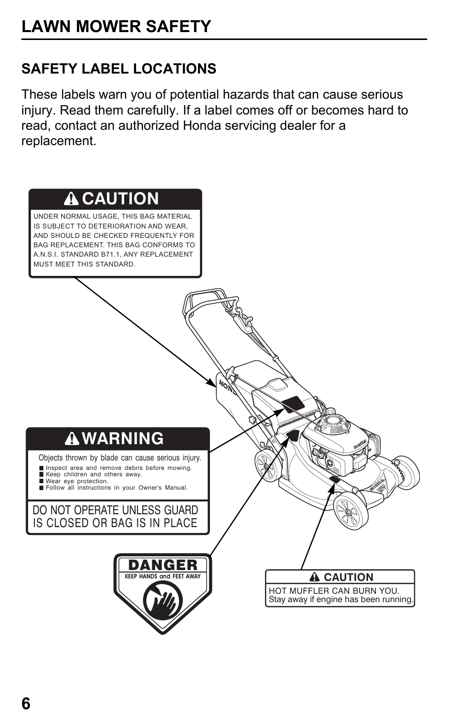 Safety label locations, Lawn mower safety 6, Caution | Warning, Danger | HONDA HRX217TDA User Manual | Page 8 / 80