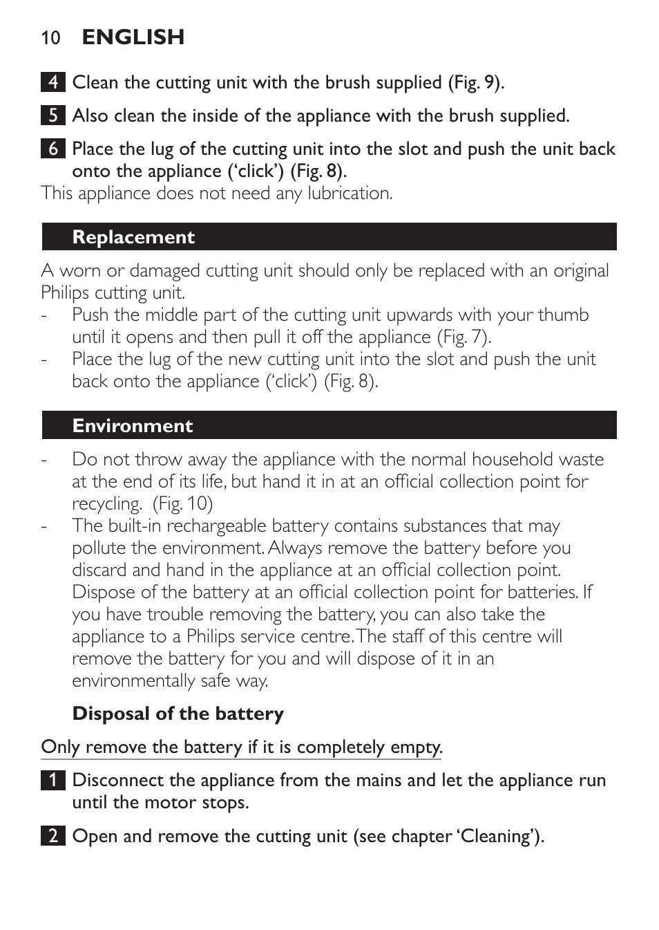 Disposal of the battery, Replacement, Environment | Philips QC 5099 User Manual | Page 10 / 106