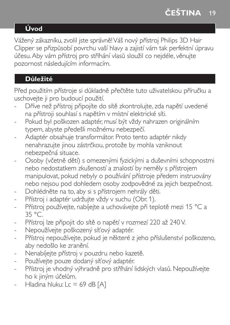 Čeština, Úvod, Důležité | Philips QC 5099 User Manual | Page 19 / 106