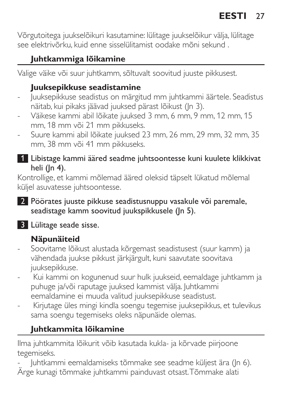 Juhtkammiga lõikamine, Juuksepikkuse seadistamine, Näpunäiteid | Juhtkammita lõikamine | Philips QC 5099 User Manual | Page 27 / 106