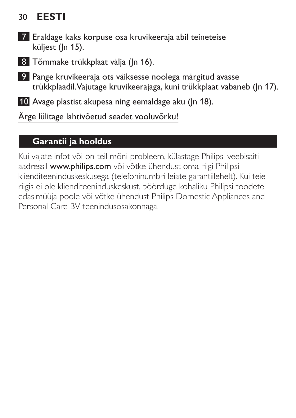 Garantii ja hooldus | Philips QC 5099 User Manual | Page 30 / 106