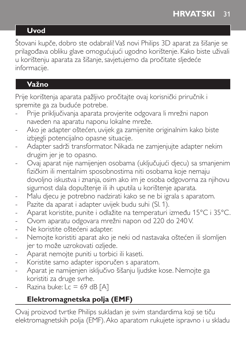 Hrvatski, Uvod, Važno | Elektromagnetska polja (emf) | Philips QC 5099 User Manual | Page 31 / 106