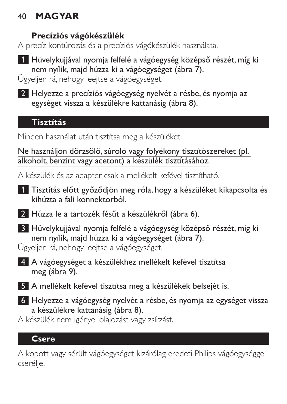 Precíziós vágókészülék, Tisztítás, Csere | Philips QC 5099 User Manual | Page 40 / 106