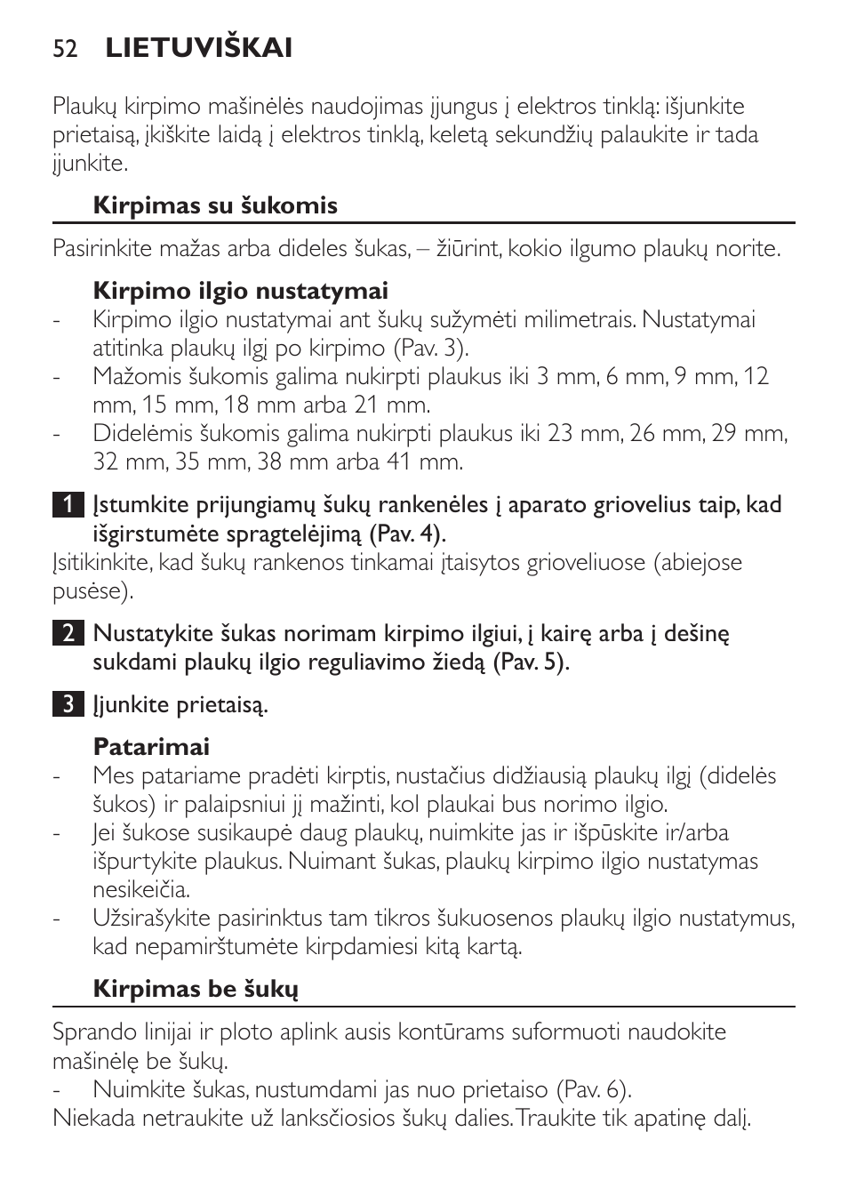 Kirpimas su šukomis, Kirpimo ilgio nustatymai, Patarimai | Kirpimas be šukų | Philips QC 5099 User Manual | Page 52 / 106