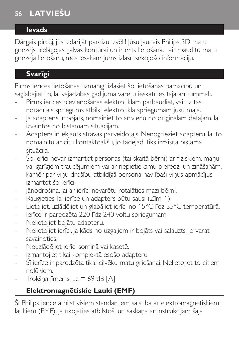 Latviešu, Ievads, Svarīgi | Elektromagnētiskie lauki (emf) | Philips QC 5099 User Manual | Page 56 / 106