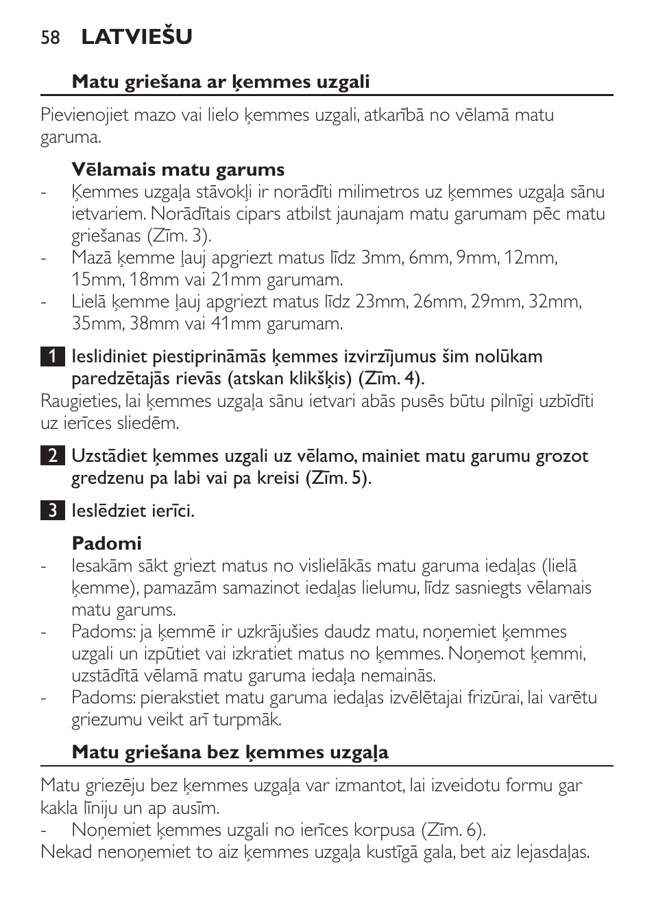 Matu griešana ar ķemmes uzgali, Vēlamais matu garums, Padomi | Matu griešana bez ķemmes uzgaļa | Philips QC 5099 User Manual | Page 58 / 106