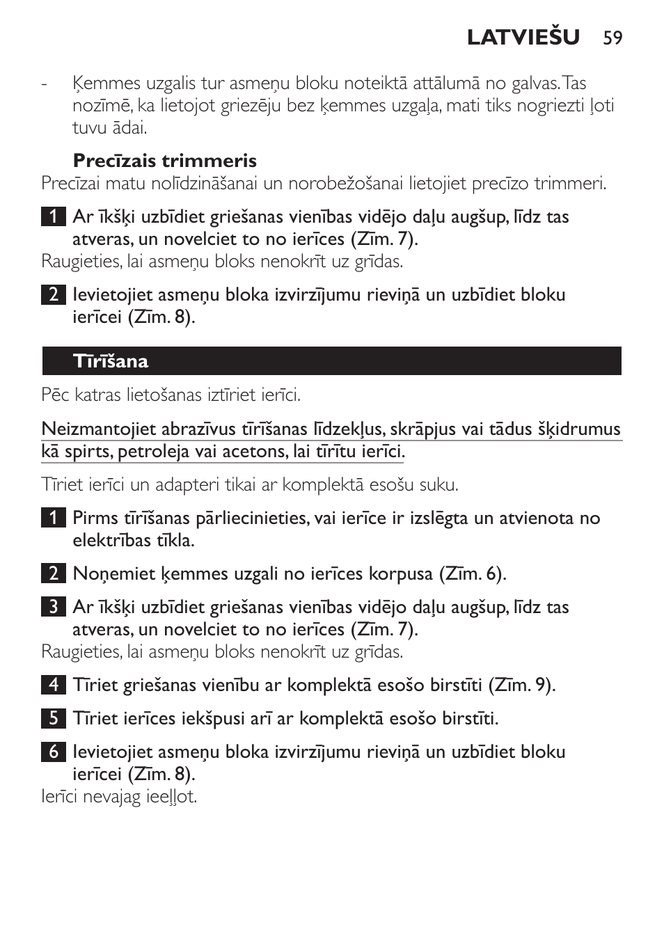 Precīzais trimmeris, Tīrīšana | Philips QC 5099 User Manual | Page 59 / 106