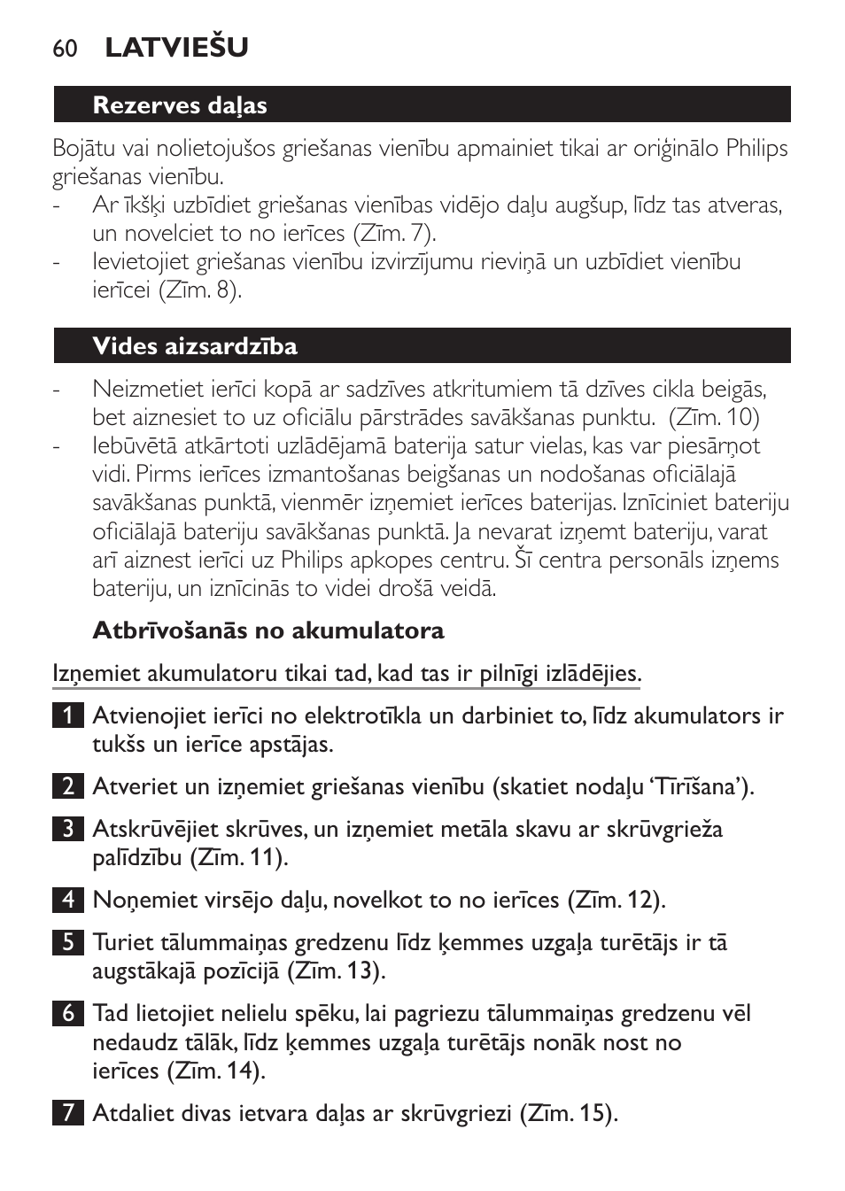 Atbrīvošanās no akumulatora, Rezerves daļas, Vides aizsardzība | Philips QC 5099 User Manual | Page 60 / 106