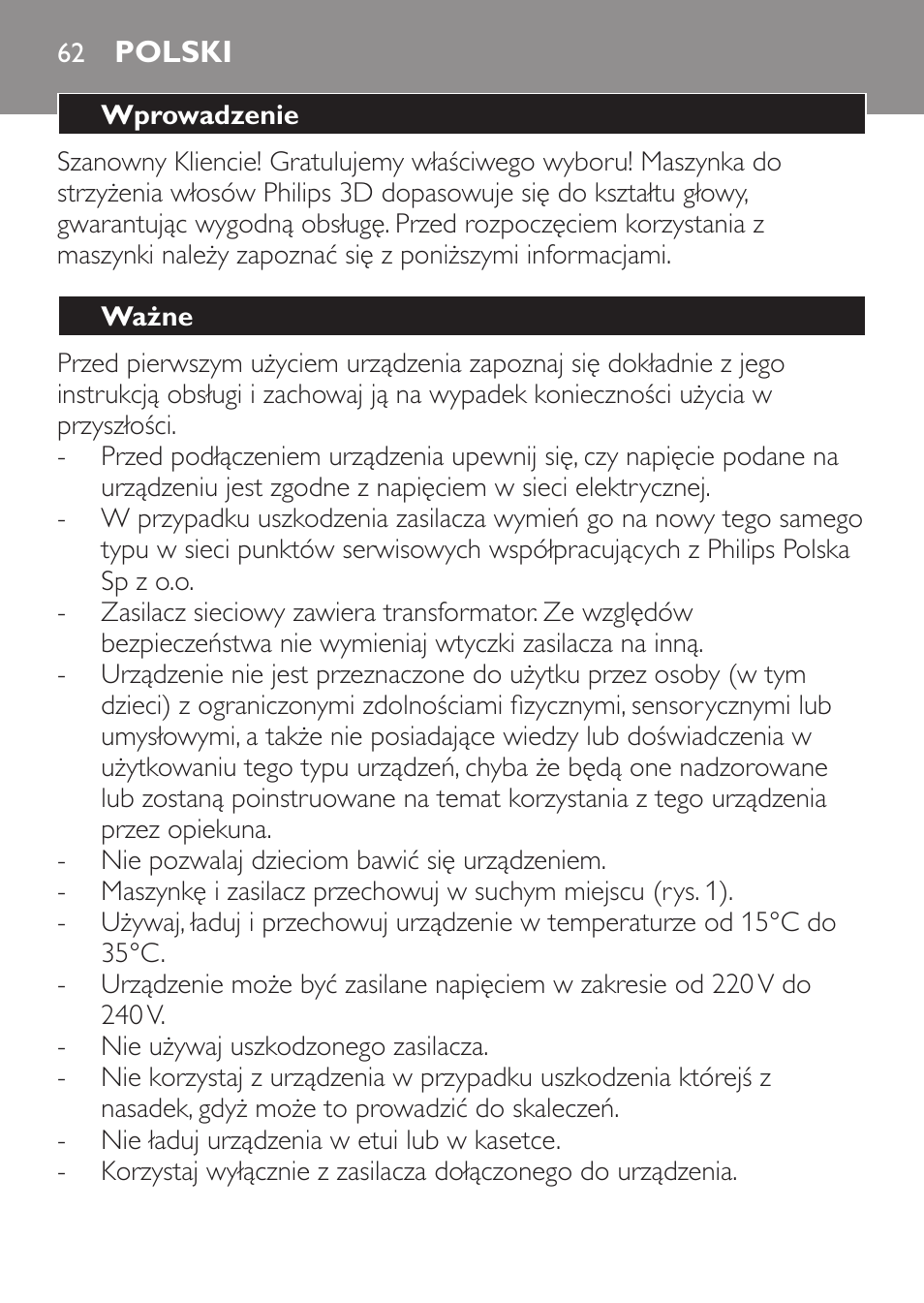 Polski, Wprowadzenie, Ważne | Philips QC 5099 User Manual | Page 62 / 106