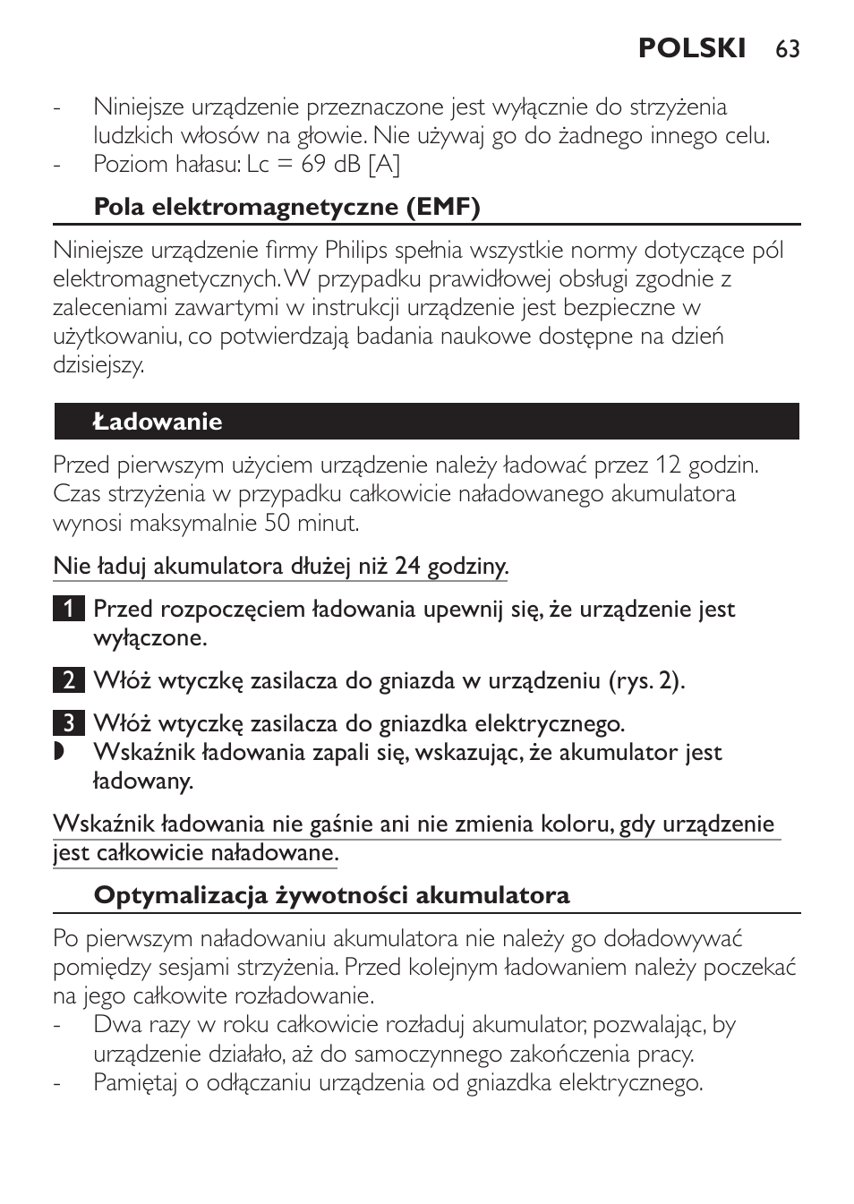 Pola elektromagnetyczne (emf), Ładowanie, Optymalizacja żywotności akumulatora | Philips QC 5099 User Manual | Page 63 / 106