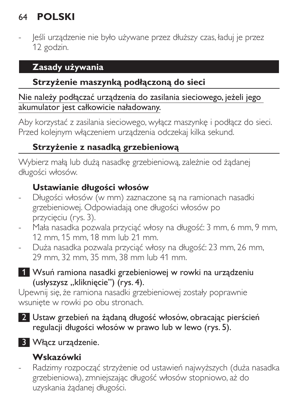 Zasady używania, Strzyżenie maszynką podłączoną do sieci, Strzyżenie z nasadką grzebieniową | Ustawianie długości włosów, Wskazówki | Philips QC 5099 User Manual | Page 64 / 106