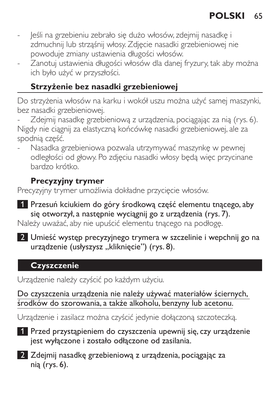 Strzyżenie bez nasadki grzebieniowej, Precyzyjny trymer, Czyszczenie | Philips QC 5099 User Manual | Page 65 / 106