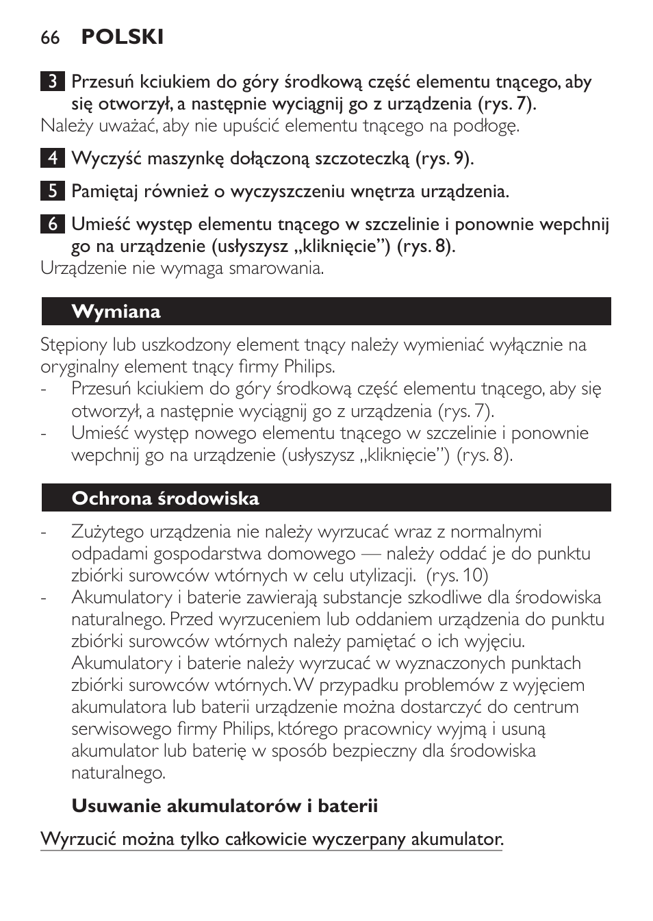 Usuwanie akumulatorów i baterii, Wymiana, Ochrona środowiska | Philips QC 5099 User Manual | Page 66 / 106