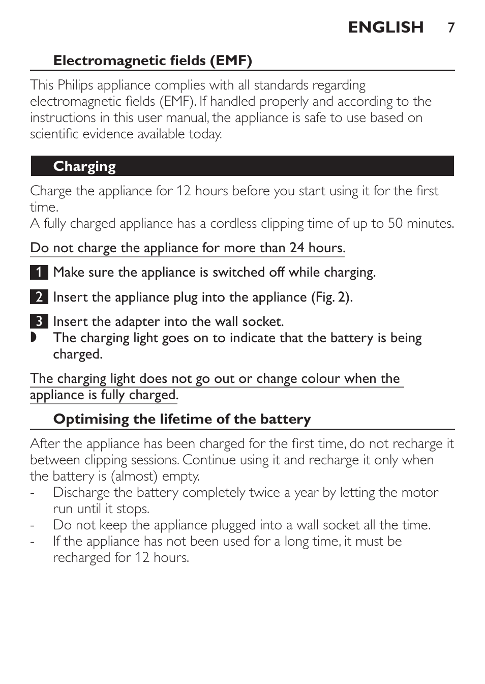 Electromagnetic fields (emf), Charging, Optimising the lifetime of the battery | Philips QC 5099 User Manual | Page 7 / 106