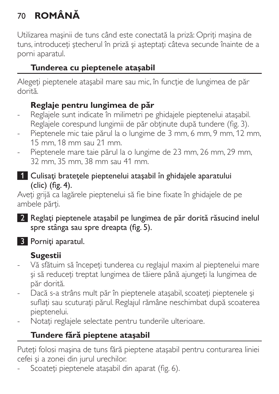 Tunderea cu pieptenele ataşabil, Reglaje pentru lungimea de păr, Sugestii | Tundere fără pieptene ataşabil | Philips QC 5099 User Manual | Page 70 / 106