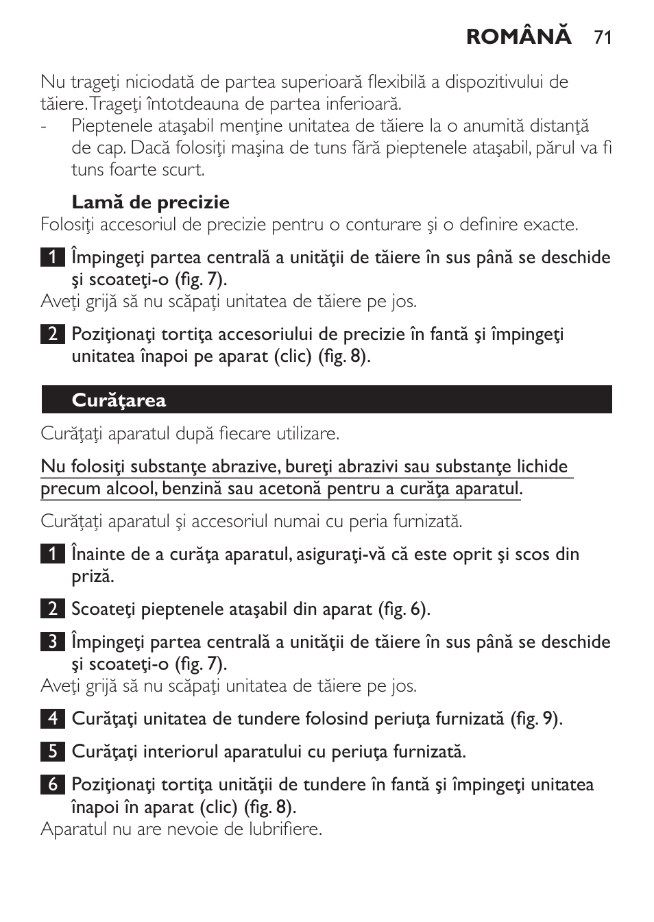 Lamă de precizie, Curăţarea | Philips QC 5099 User Manual | Page 71 / 106