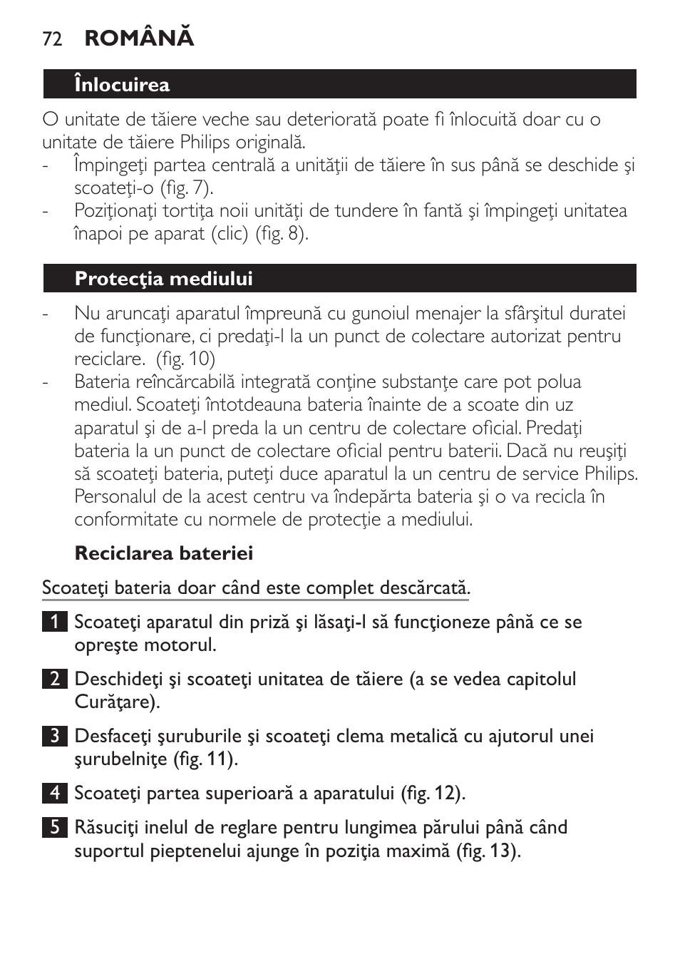 Reciclarea bateriei, Înlocuirea, Protecţia mediului | Philips QC 5099 User Manual | Page 72 / 106