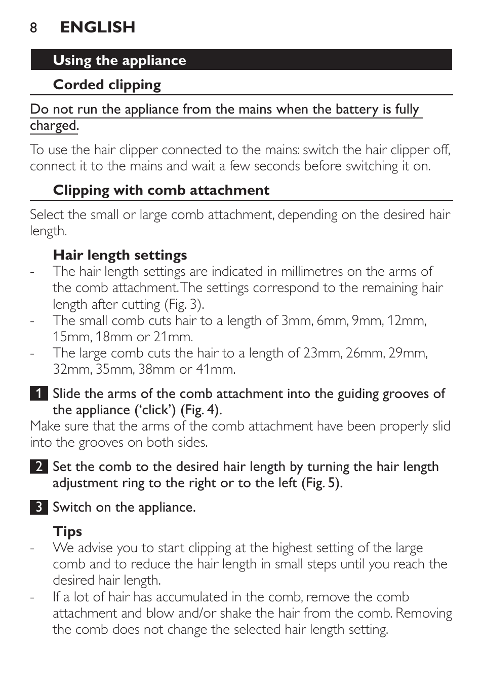 Using the appliance, Corded clipping, Clipping with comb attachment | Hair length settings, Tips | Philips QC 5099 User Manual | Page 8 / 106