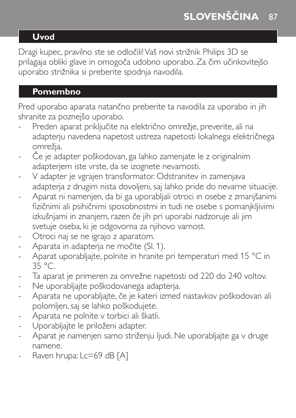 Slovenščina, Uvod, Pomembno | Philips QC 5099 User Manual | Page 87 / 106