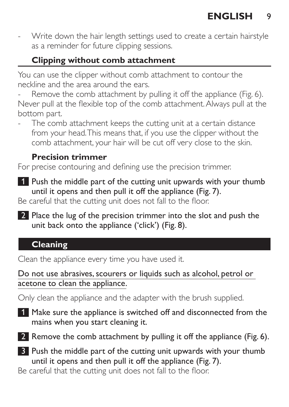 Clipping without comb attachment, Precision trimmer, Cleaning | Philips QC 5099 User Manual | Page 9 / 106