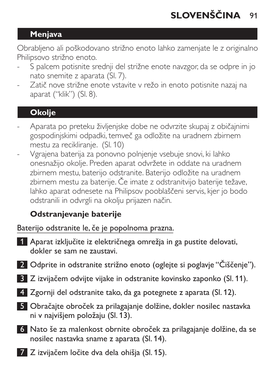 Odstranjevanje baterije, Menjava, Okolje | Philips QC 5099 User Manual | Page 91 / 106