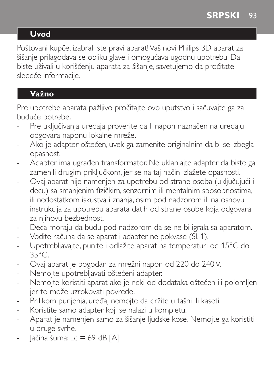 Srpski, Uvod, Važno | Philips QC 5099 User Manual | Page 93 / 106