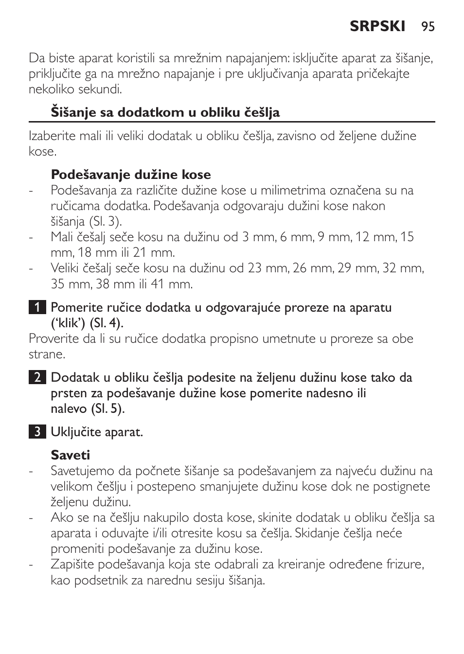 Šišanje sa dodatkom u obliku češlja, Podešavanje dužine kose, Saveti | Philips QC 5099 User Manual | Page 95 / 106