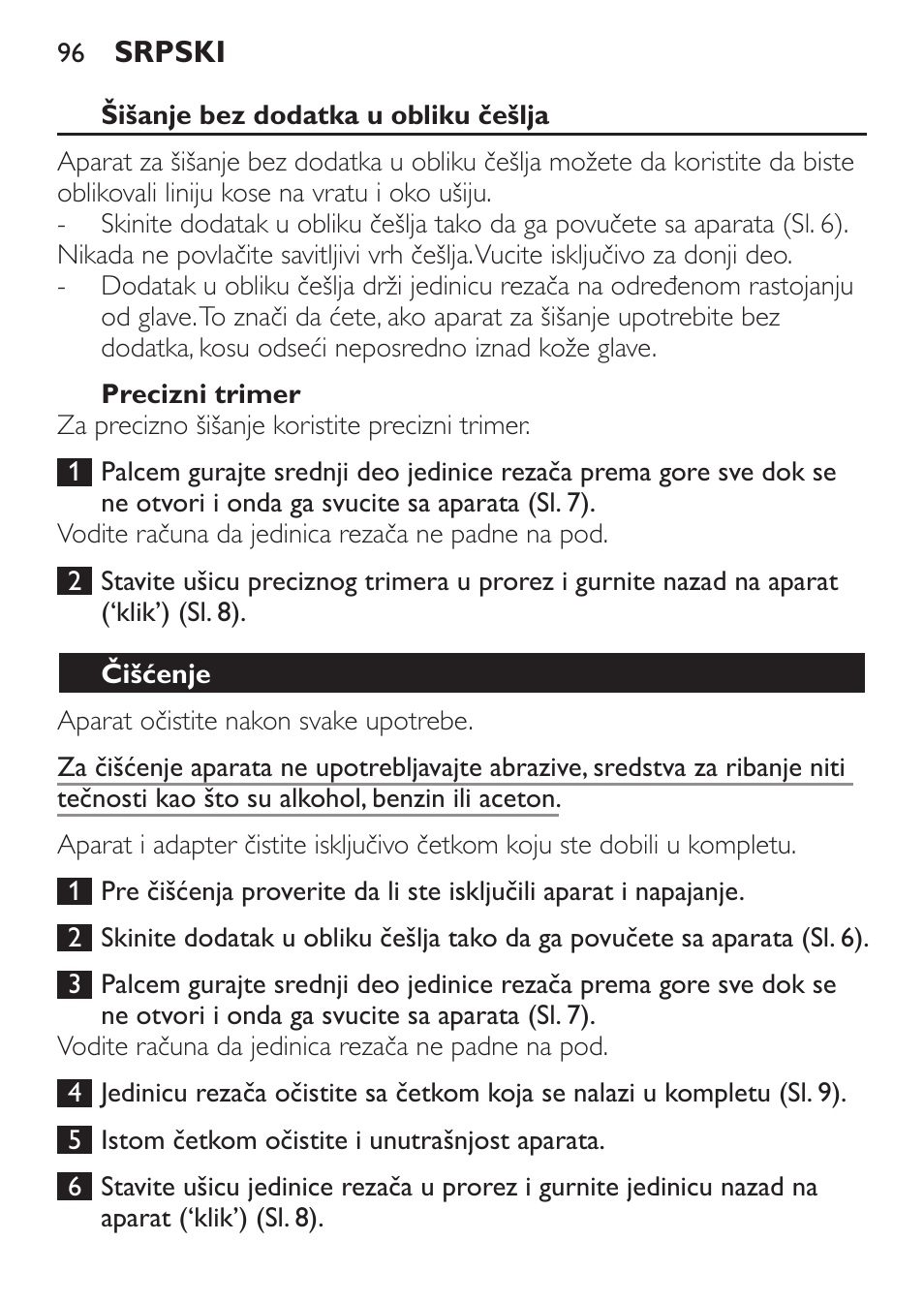 Šišanje bez dodatka u obliku češlja, Precizni trimer, Čišćenje | Philips QC 5099 User Manual | Page 96 / 106